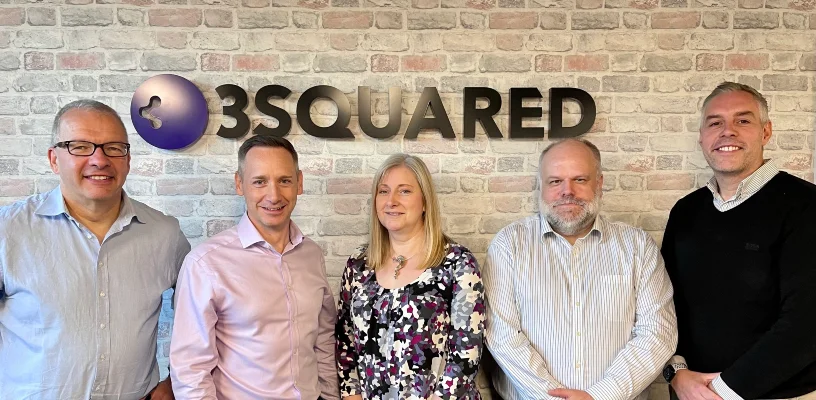 (L-R) EPM Group chief executive Ian Churchill with 3Squared's co-founder James Fox, operations director Emma Marshall, new technical director Jonny Farmer and co-founder Tim Jones