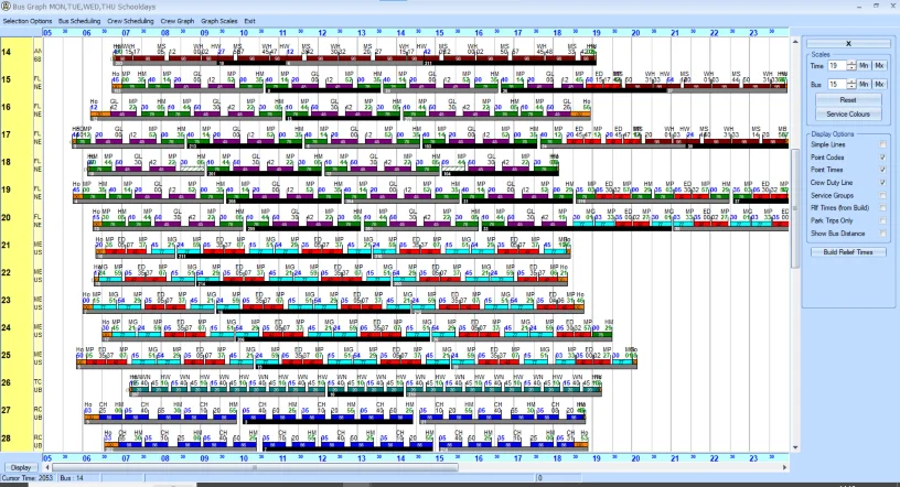 Bus graph screen image from the OmniBASE solution, scheduling software for transportation