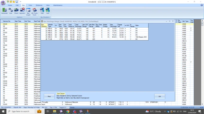 Range check screen image from the OmniBASE solution, scheduling software for transportation