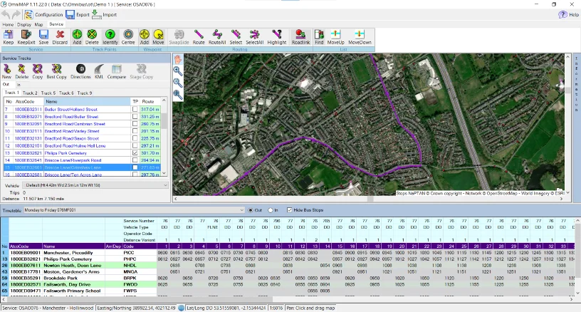 Screen capture of bus route planning software OmniMAP